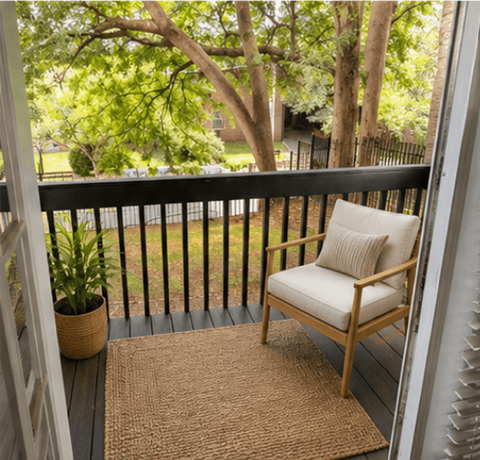 A chair with a cushion is on a porch with a mat and a potted plant.